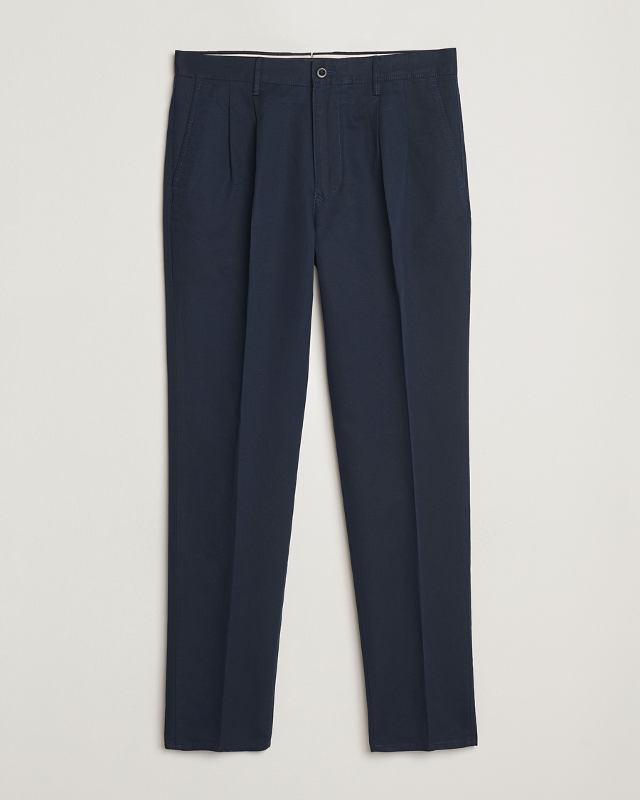 Mies | Housut | Incotex | Tapered Fit Pleated Linen Slacks Navy