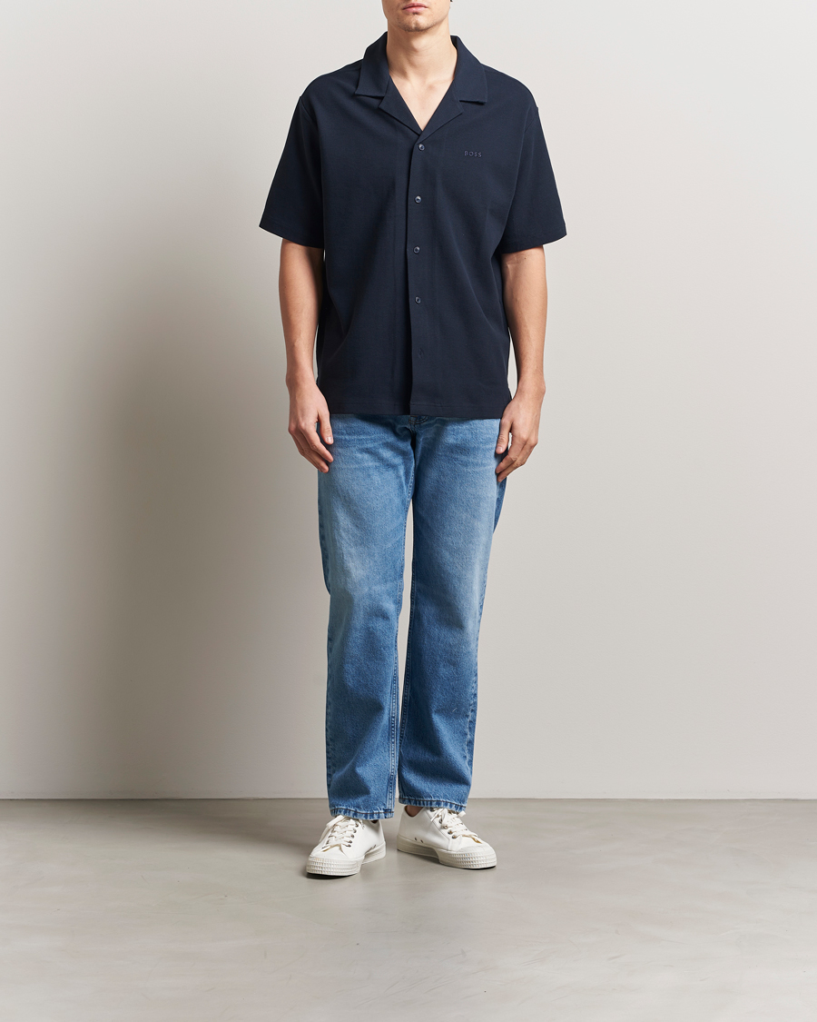 Mies | Kauluspaidat | BOSS ORANGE | Waffle Short Sleeve Shirt Dark Blue