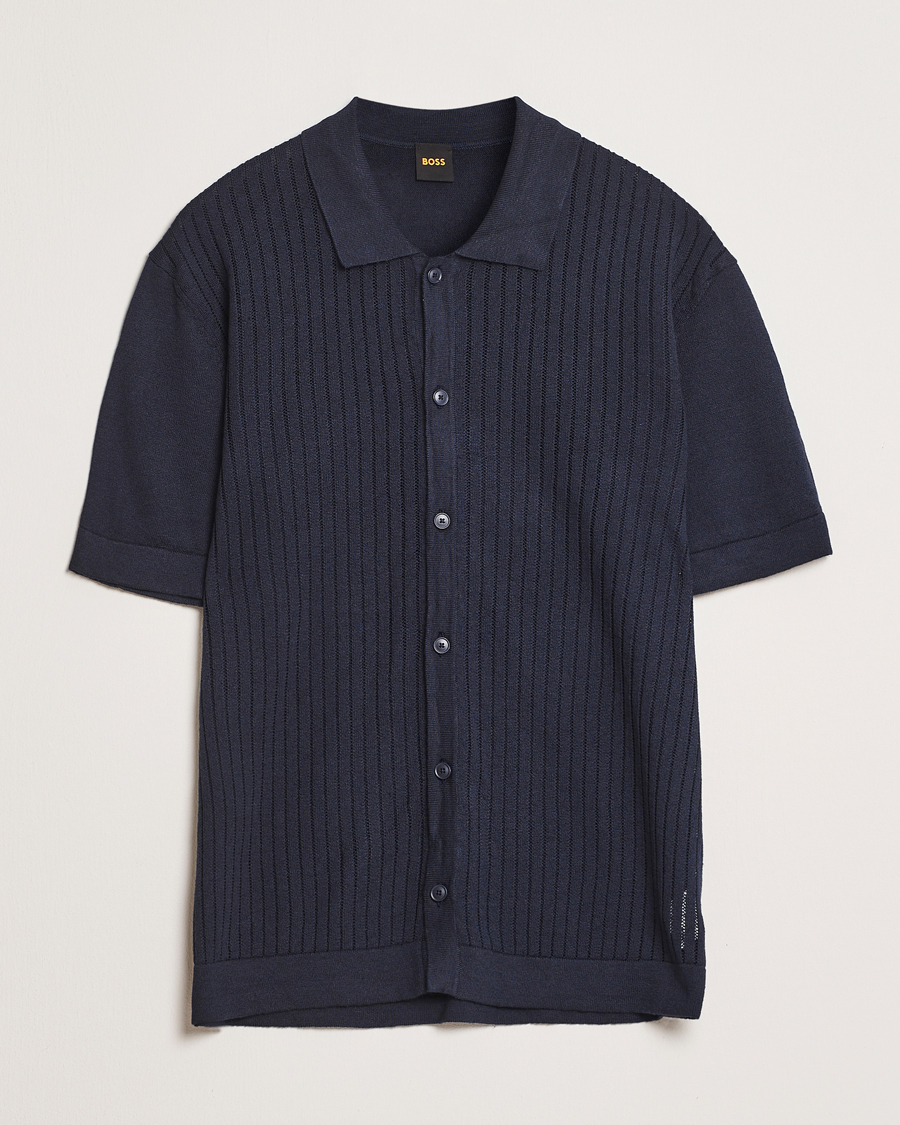 Mies | Kauluspaidat | BOSS ORANGE | Kamicino Knitted Short Sleeve Shirt Dark Blue