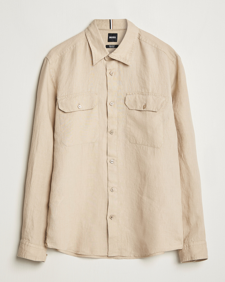 Mies | Kauluspaidat | BOSS BLACK | Liam Linen Pocket Overshirt Light Beige