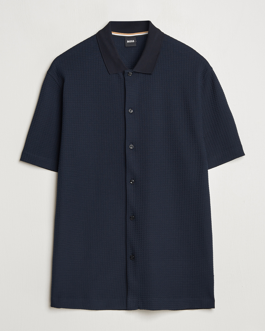 Mies | Kauluspaidat | BOSS BLACK | Palladio Knitted Short Sleeve Shirt Dark Blue