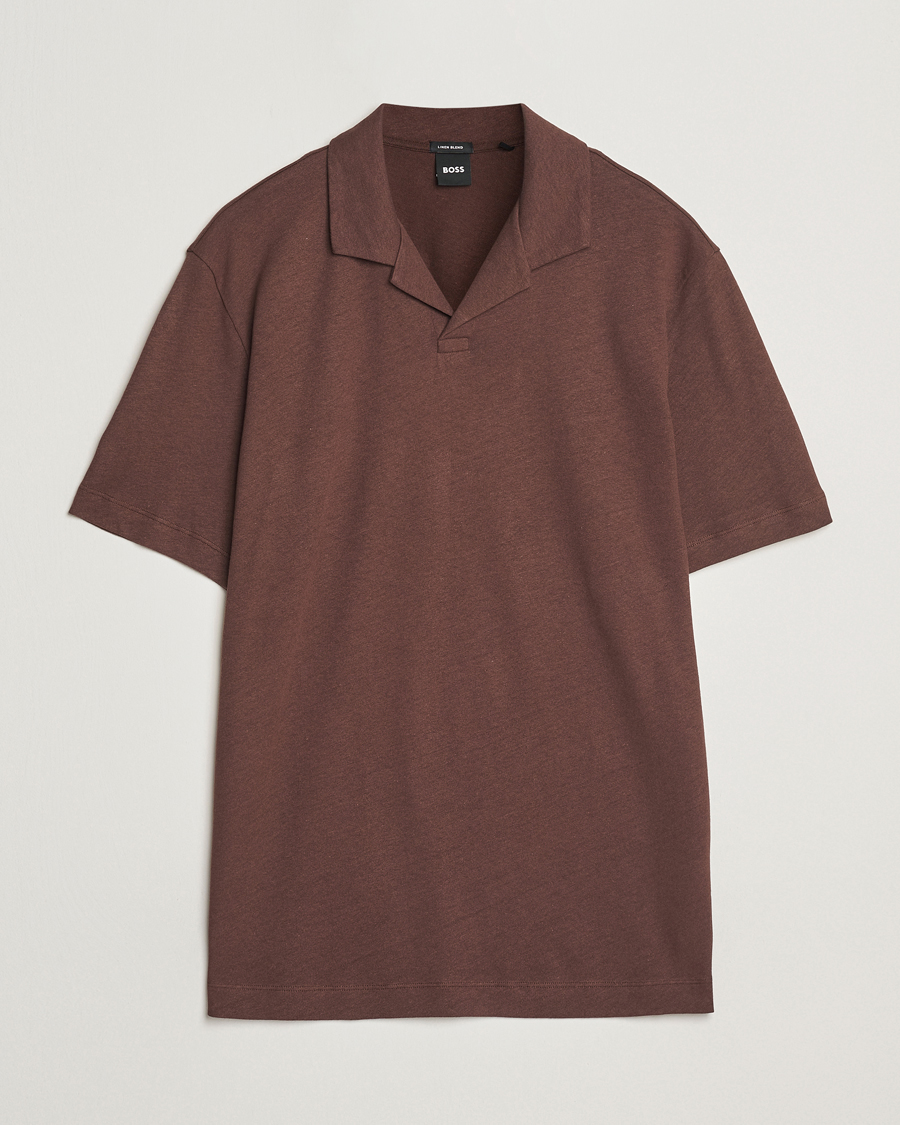 Mies | Pikeet | BOSS BLACK | Ponti Cotton/Linen Open Collar Polo Dark Brown