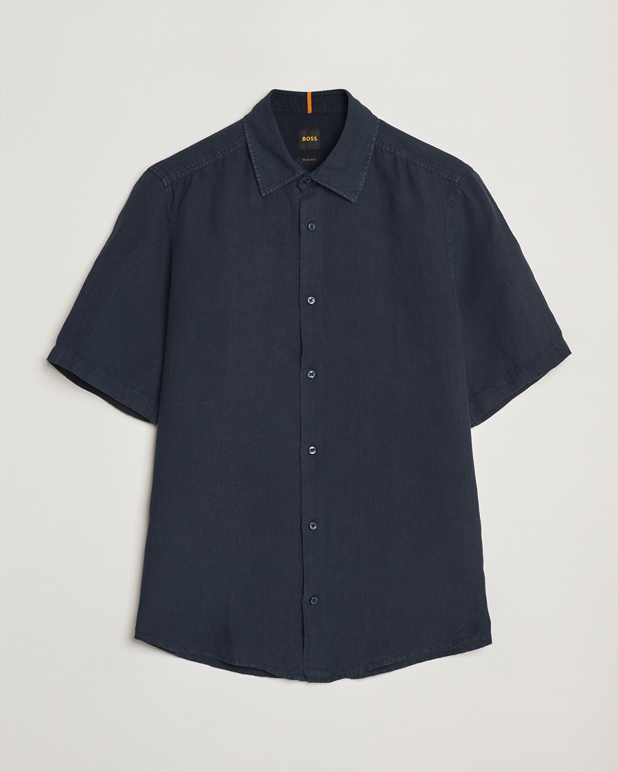 Mies | Kauluspaidat | BOSS ORANGE | Rash Linen Short Sleeve Shirt Dark Blue