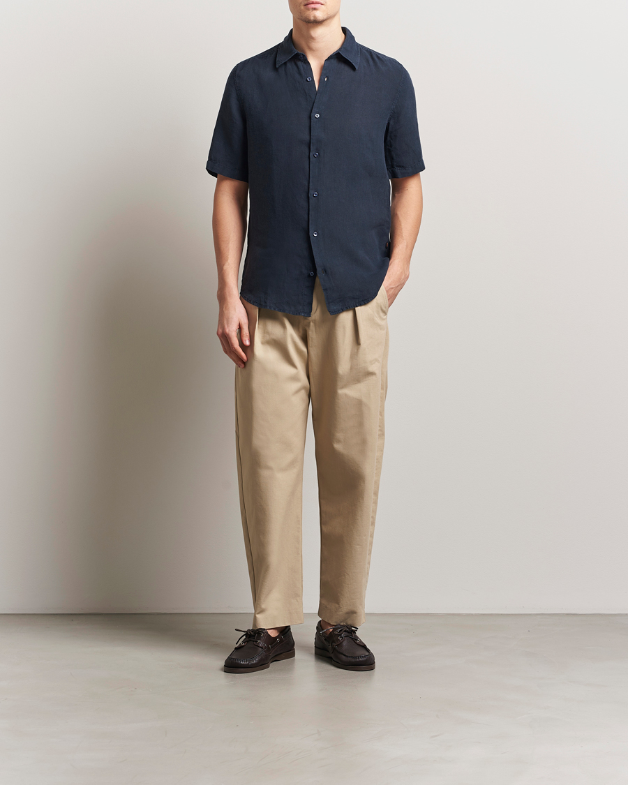 Mies | Kauluspaidat | BOSS ORANGE | Rash Linen Short Sleeve Shirt Dark Blue