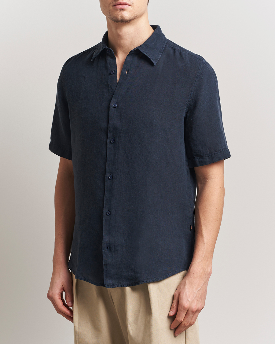 Mies | Kauluspaidat | BOSS ORANGE | Rash Linen Short Sleeve Shirt Dark Blue