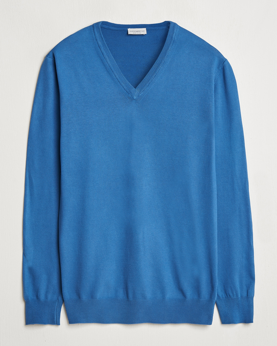 Mies | Puserot | Morgano | Supersoft Egyptian Cotton V-Neck Mid Blue