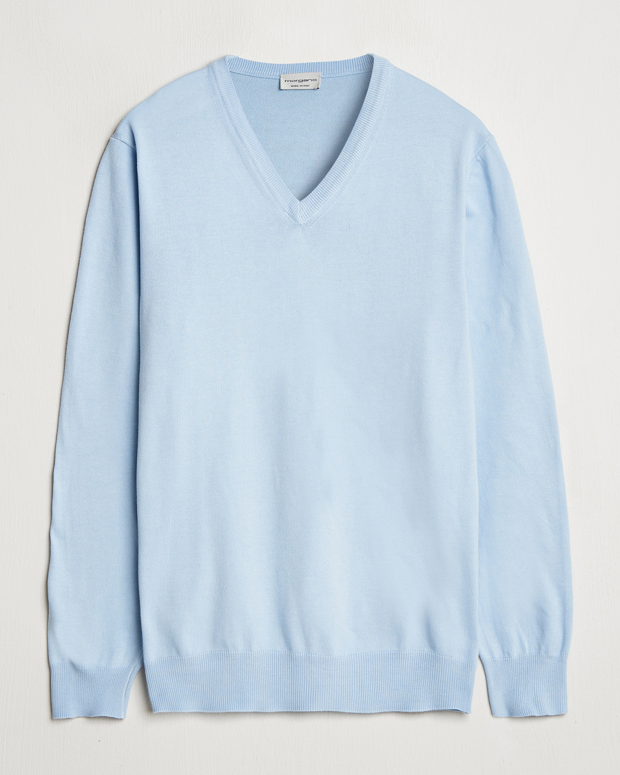 Mies | Puserot | Morgano | Supersoft Egyptian Cotton V-Neck Light Blue