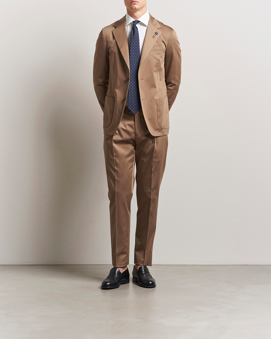 Mies | Housut | Lardini | Pleated Cotton Stretch Trousers Light Brown