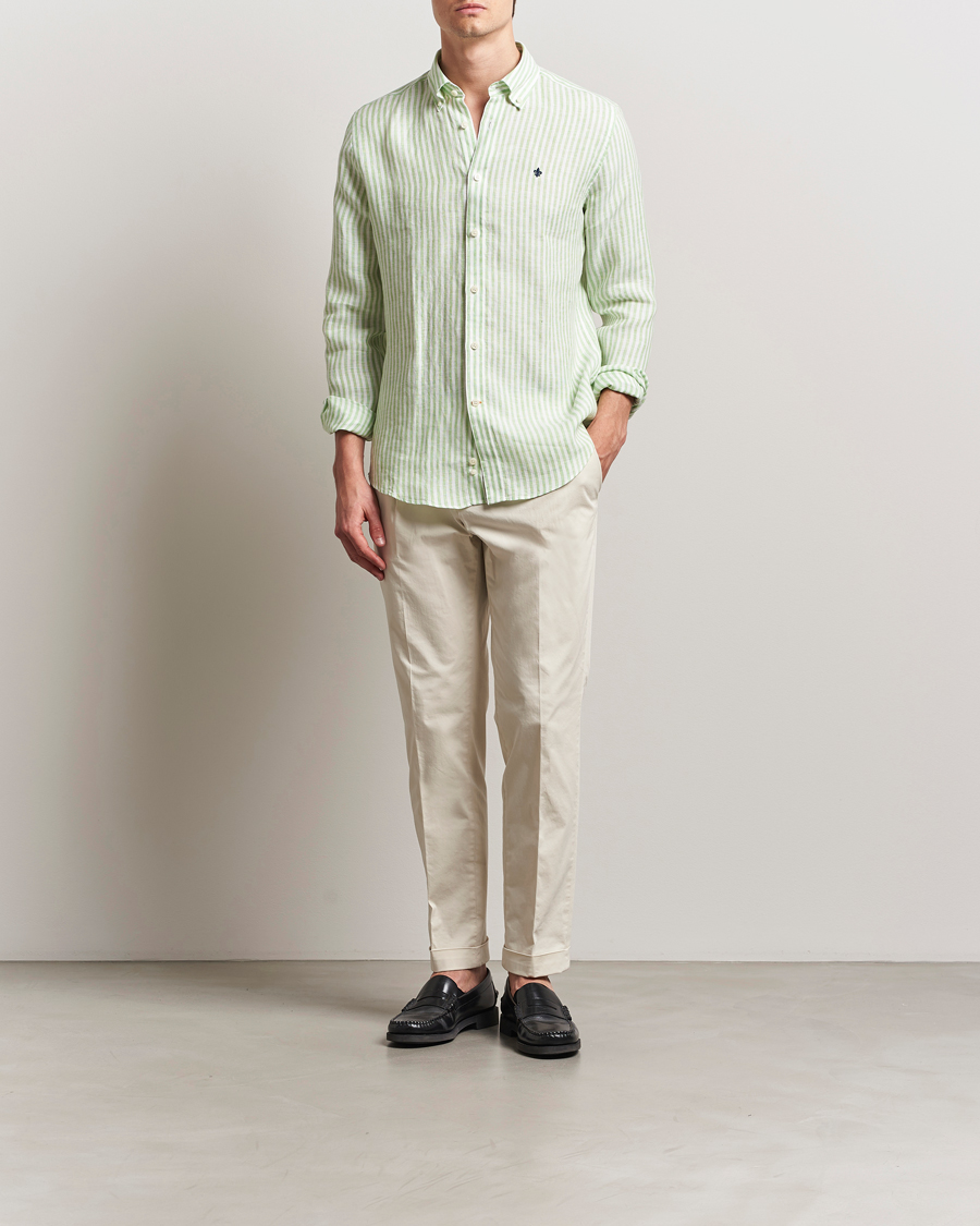 Mies | Kauluspaidat | Morris | Douglas Striped Linen Shirt Green
