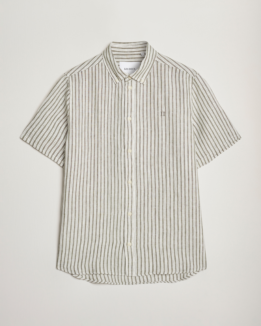 Mies | Kauluspaidat | LES DEUX | Kris Linen Short Sleeve Shirt Ivory/Green