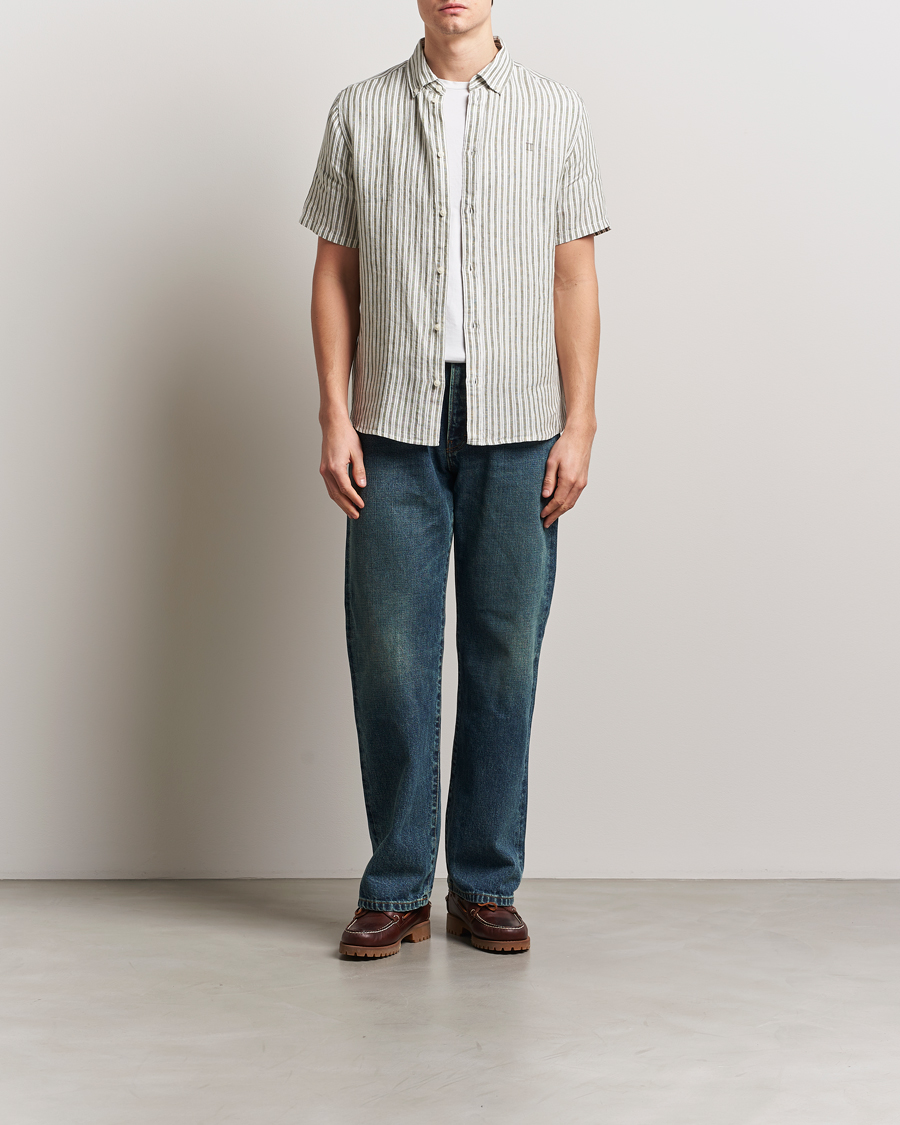 Mies | Kauluspaidat | LES DEUX | Kris Linen Short Sleeve Shirt Ivory/Green