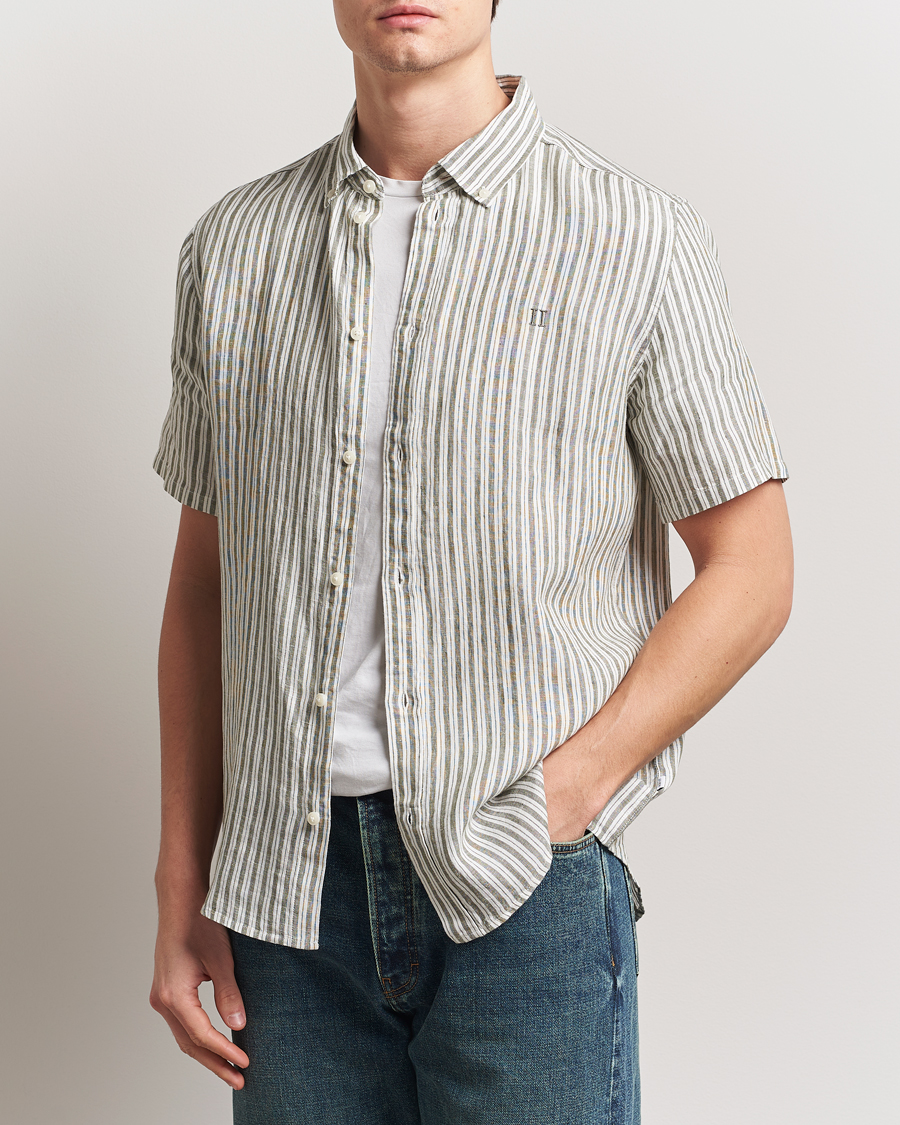 Mies | Kauluspaidat | LES DEUX | Kris Linen Short Sleeve Shirt Ivory/Green