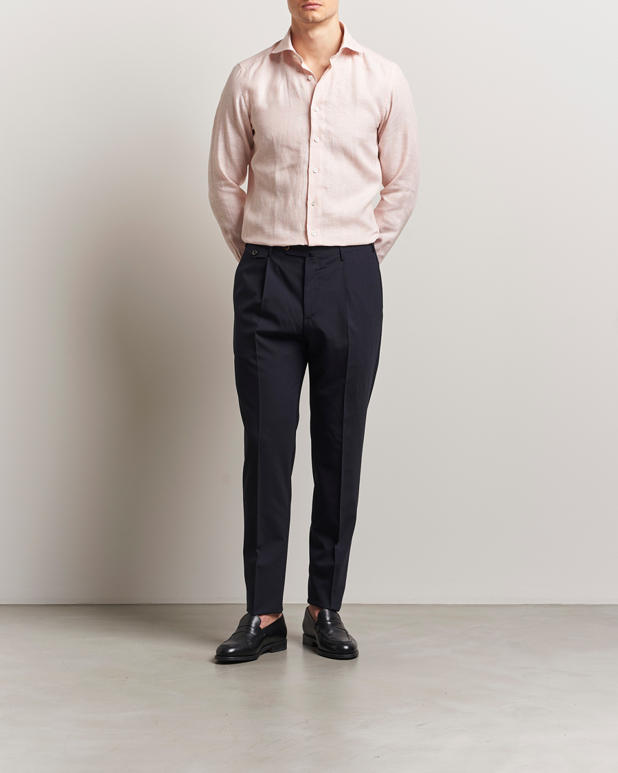 Mies | Kauluspaidat | 100Hands | Cut Away Double Cuff Striped Linen Shirt Pink