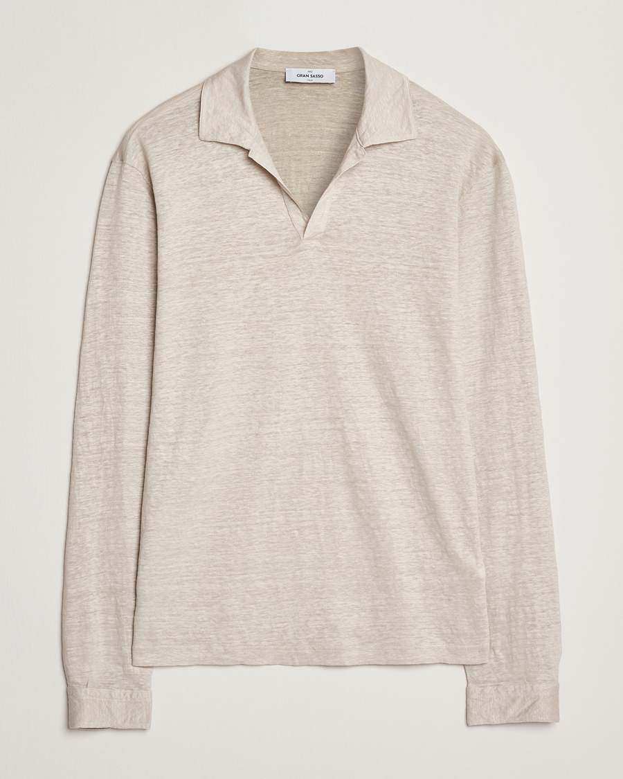Mies | Pikeet | Gran Sasso | Washed Linen Long Sleeve Polo Beige Melange