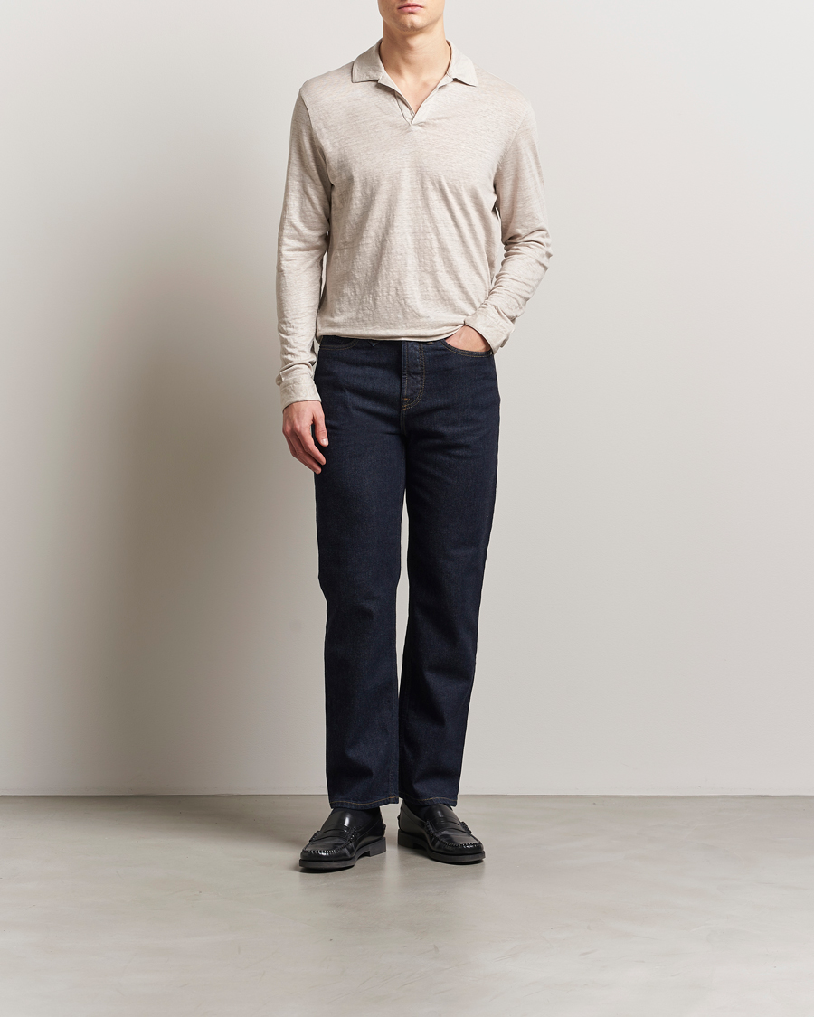 Mies | Pikeet | Gran Sasso | Washed Linen Long Sleeve Polo Beige Melange