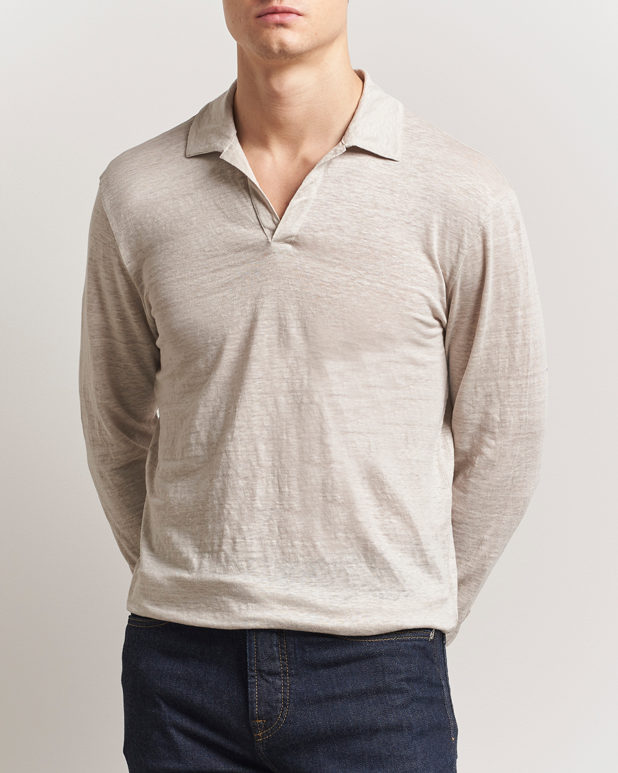 Mies | Pikeet | Gran Sasso | Washed Linen Long Sleeve Polo Beige Melange