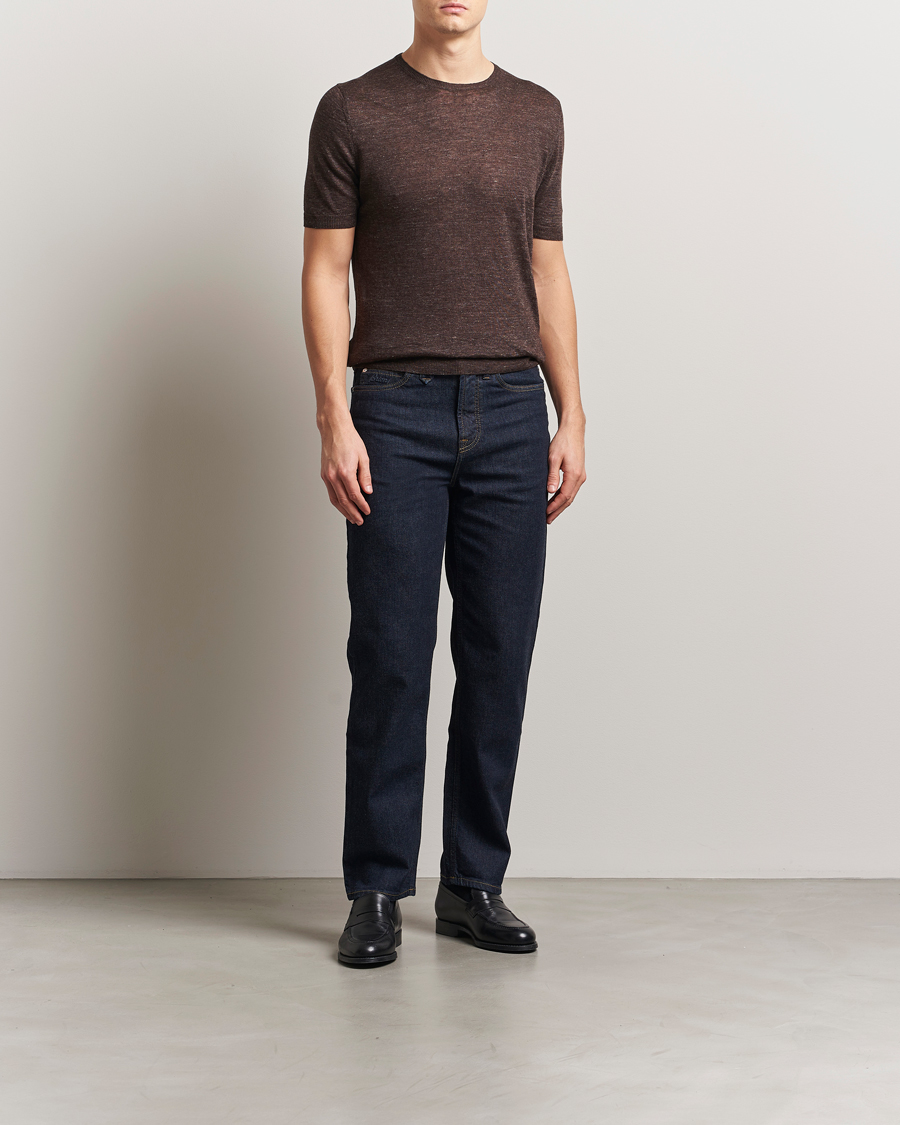 Mies | T-paidat | Gran Sasso | Knitted Linen T-Shirt Dark Brown Melange