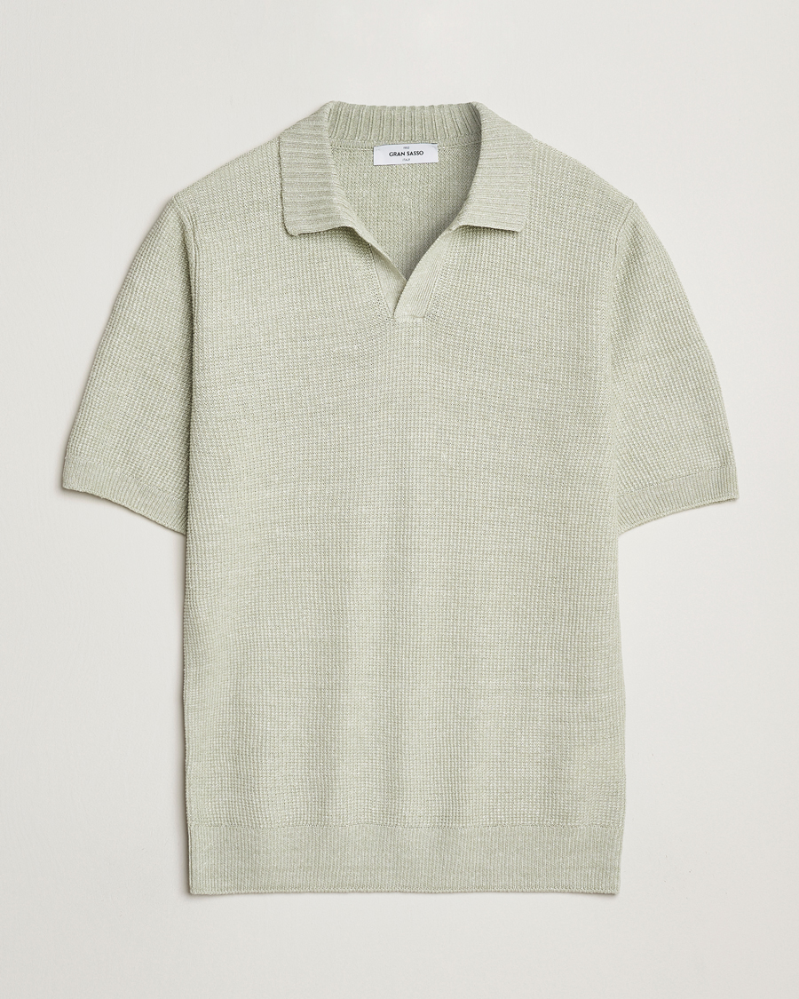 Mies | Pikeet | Gran Sasso | Linen/Cotton Open Collar Polo Light Green