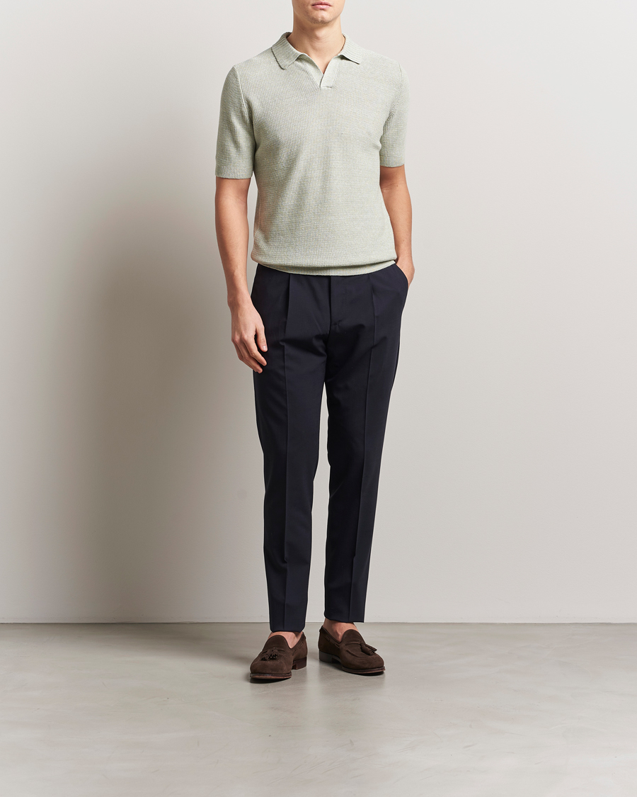 Mies | Pikeet | Gran Sasso | Linen/Cotton Open Collar Polo Light Green