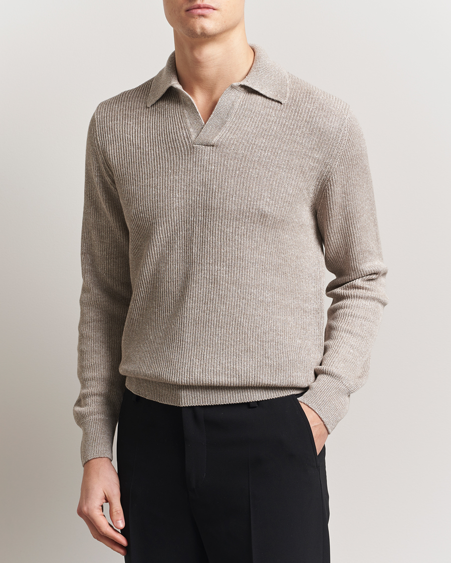 Mies | Puserot | Gran Sasso | Linen/Cotton Open Collar Knitted Polo Beige Melange