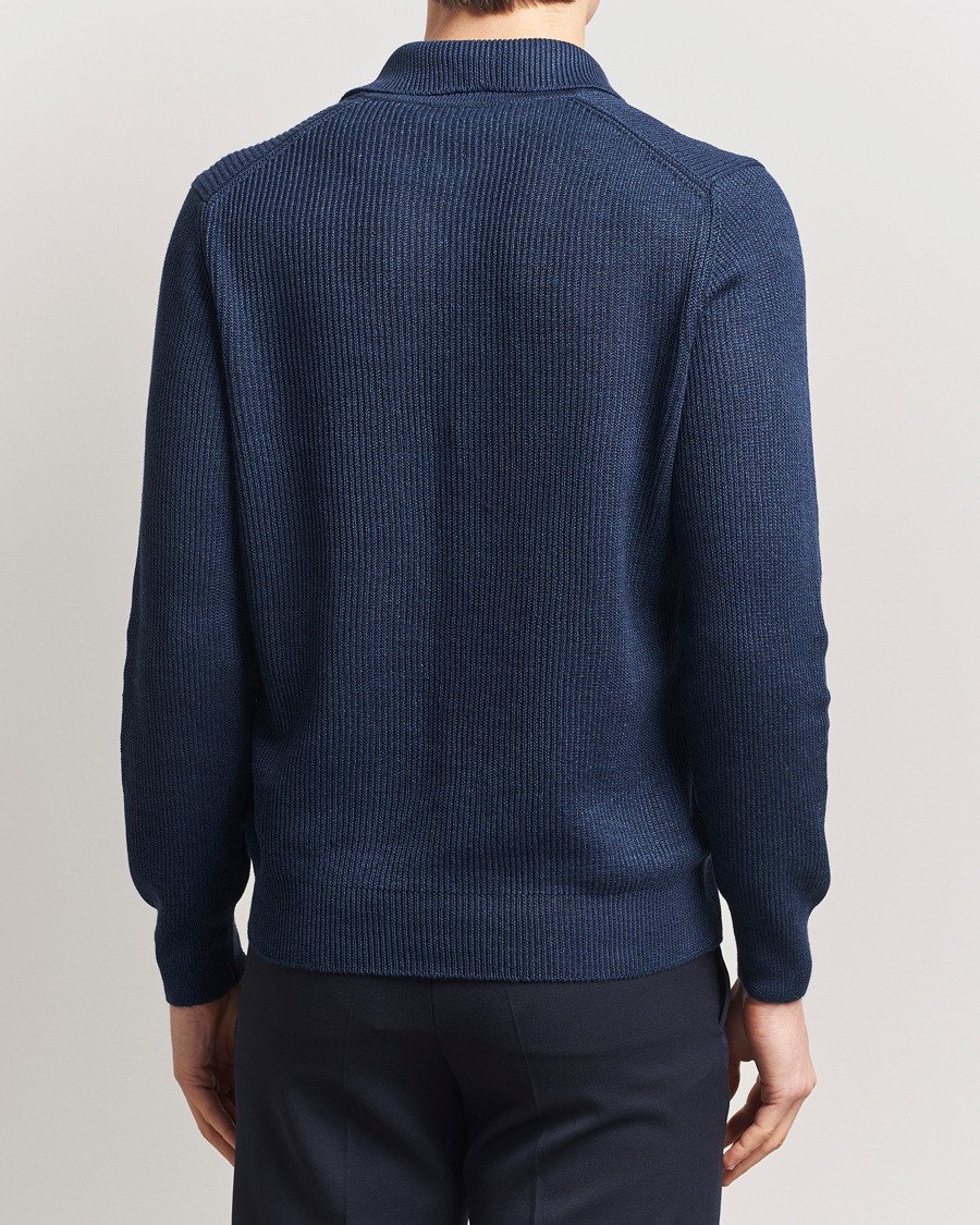 Mies | Puserot | Gran Sasso | Linen/Cotton Open Collar Knitted Polo Navy Melange