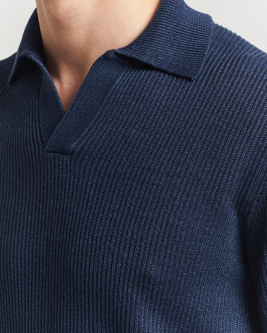 Mies | Puserot | Gran Sasso | Linen/Cotton Open Collar Knitted Polo Navy Melange