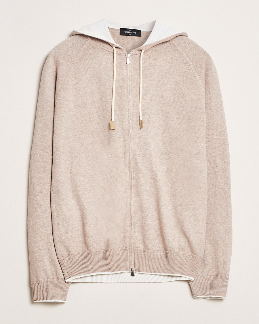Mies | Puserot | Gran Sasso | Cotton/Cashmere Knitted Hooded Full Zip Beige