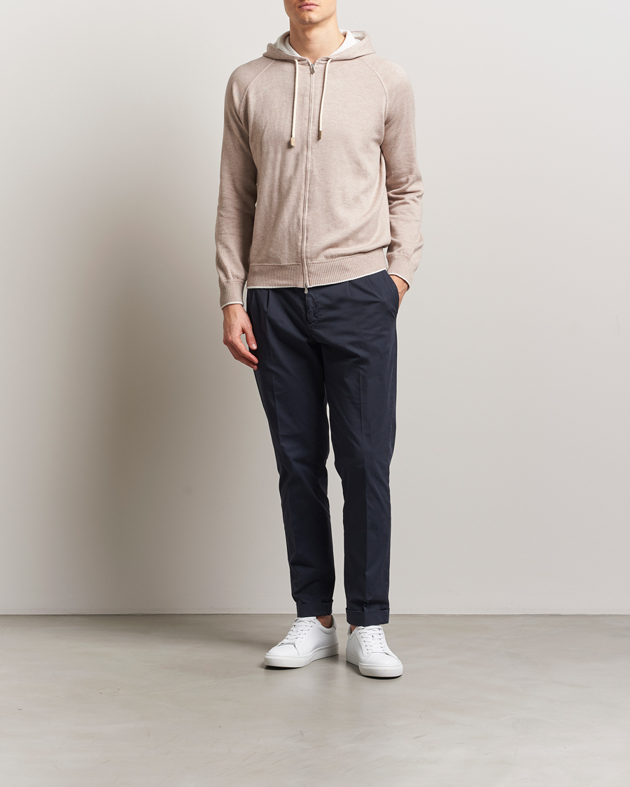 Mies | Puserot | Gran Sasso | Cotton/Cashmere Knitted Hooded Full Zip Beige