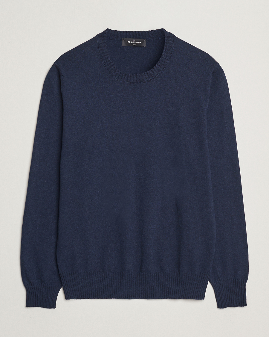 Mies | Puserot | Gran Sasso | Cotton/Cashmere Knitted Crew Neck Sweater Navy Melange
