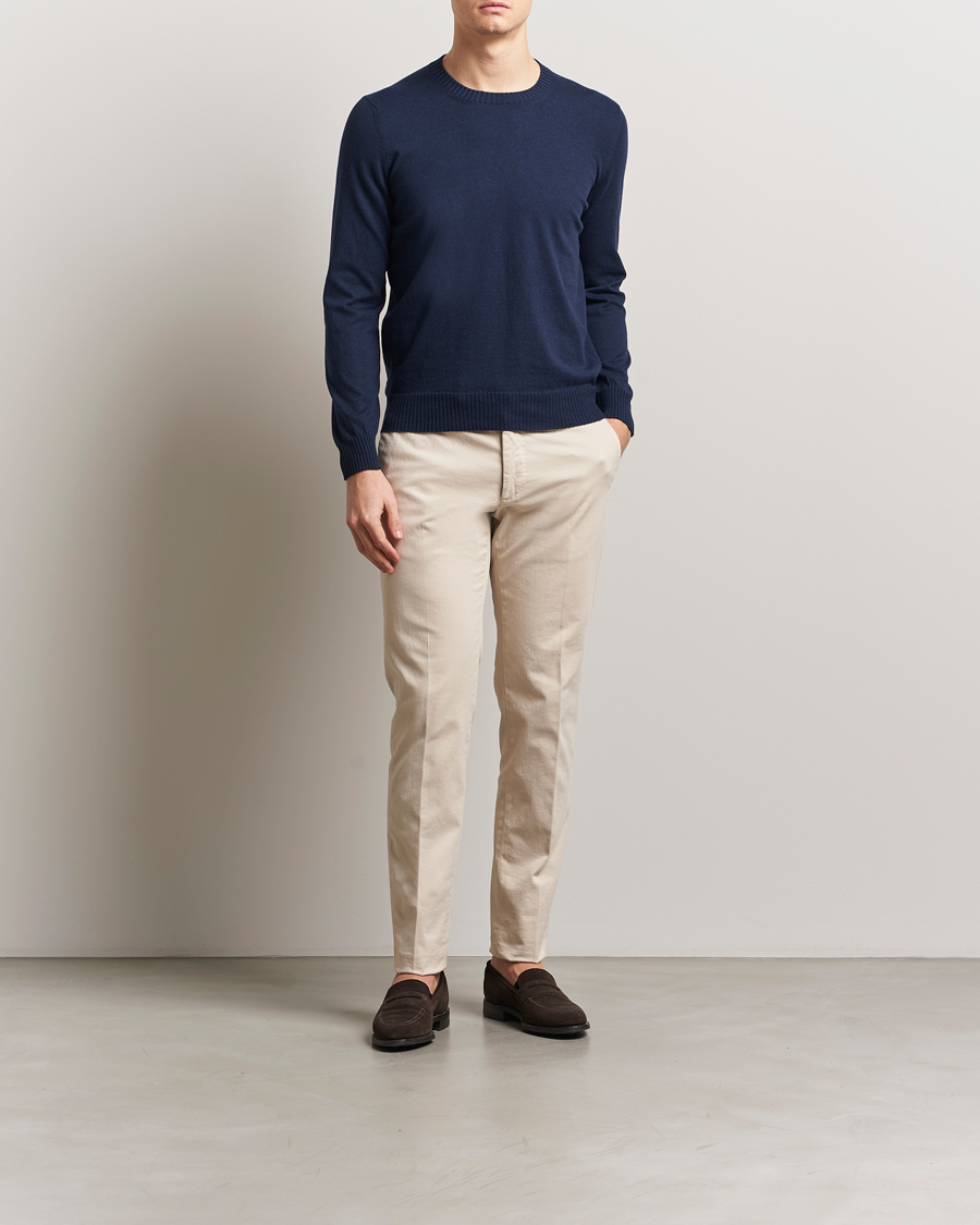 Mies | Puserot | Gran Sasso | Cotton/Cashmere Knitted Crew Neck Sweater Navy Melange