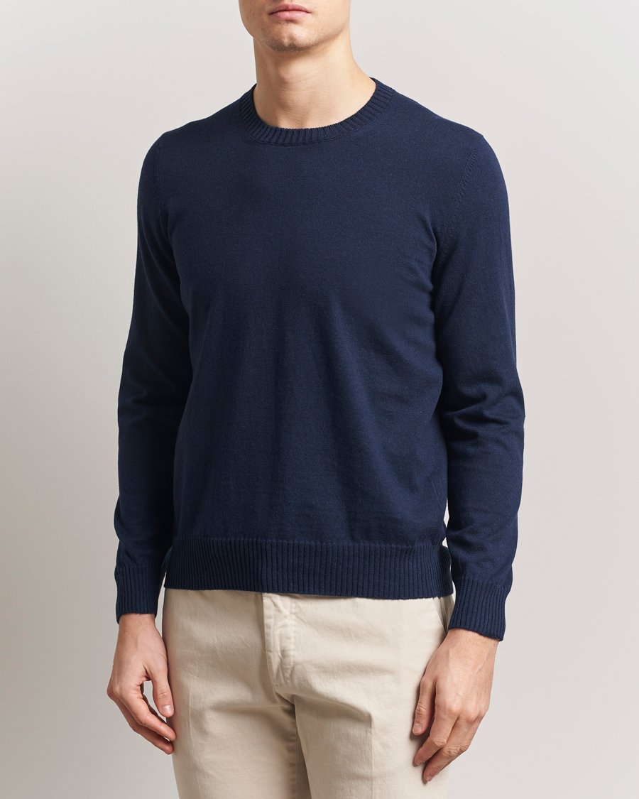 Mies | Puserot | Gran Sasso | Cotton/Cashmere Knitted Crew Neck Sweater Navy Melange