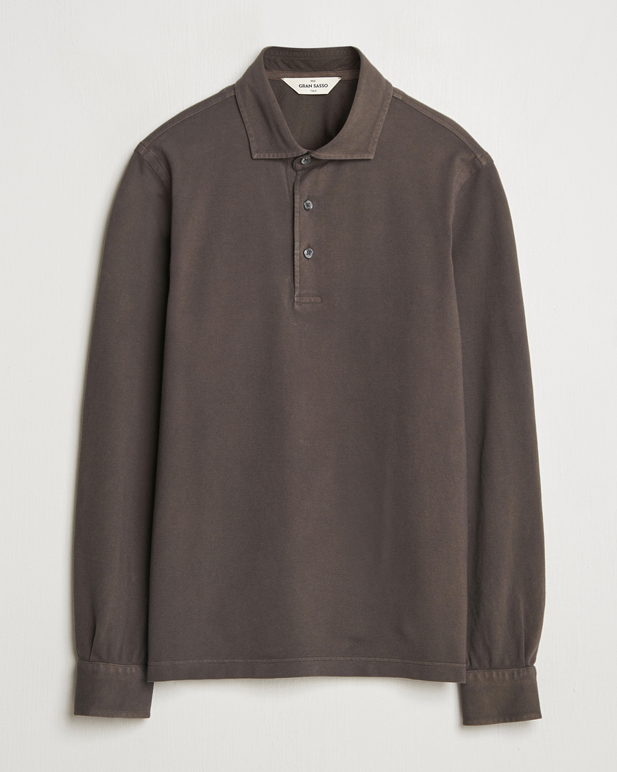 Mies | Puserot | Gran Sasso | Washed Long Sleeve Polo Dark Brown