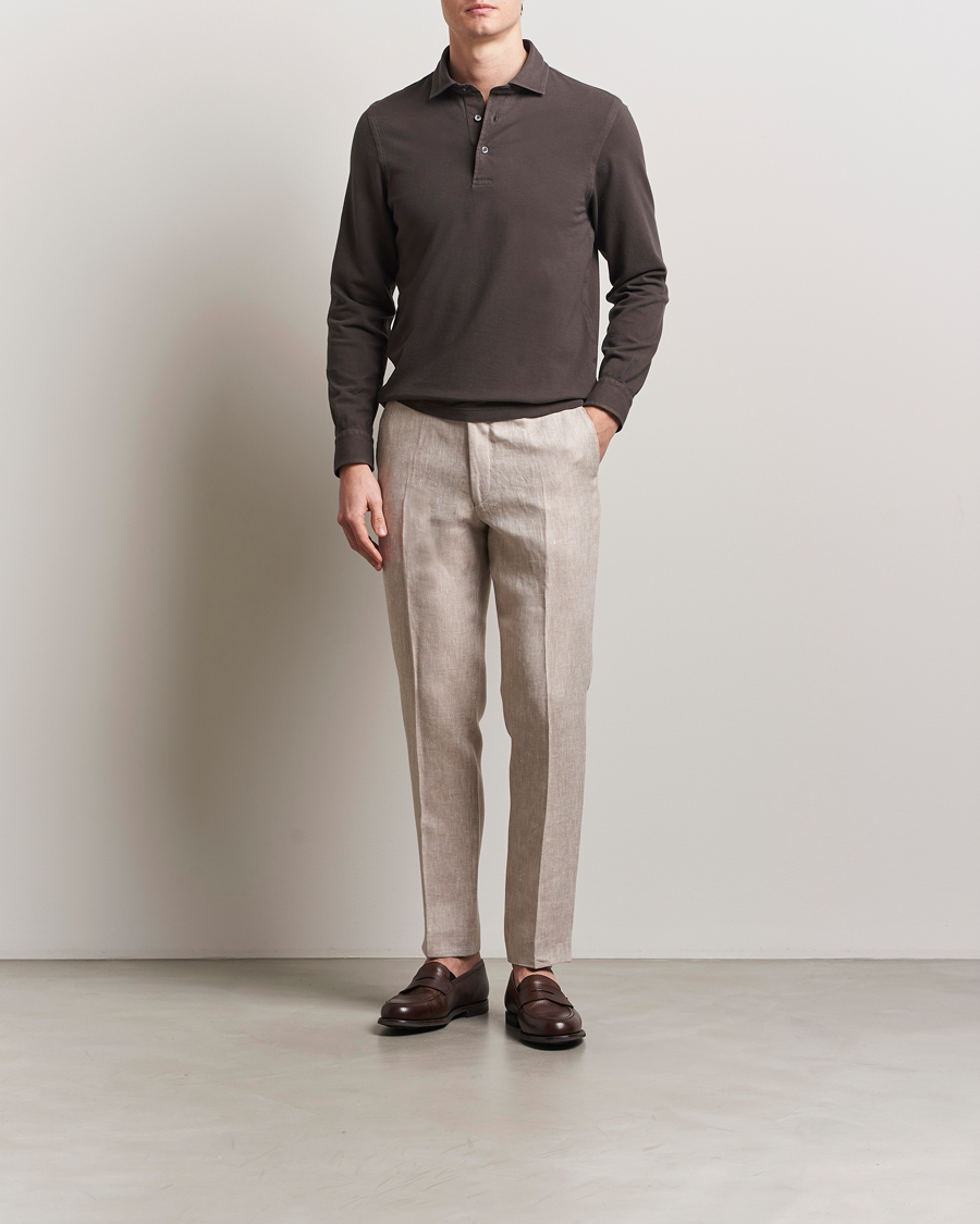 Mies | Puserot | Gran Sasso | Washed Long Sleeve Polo Dark Brown