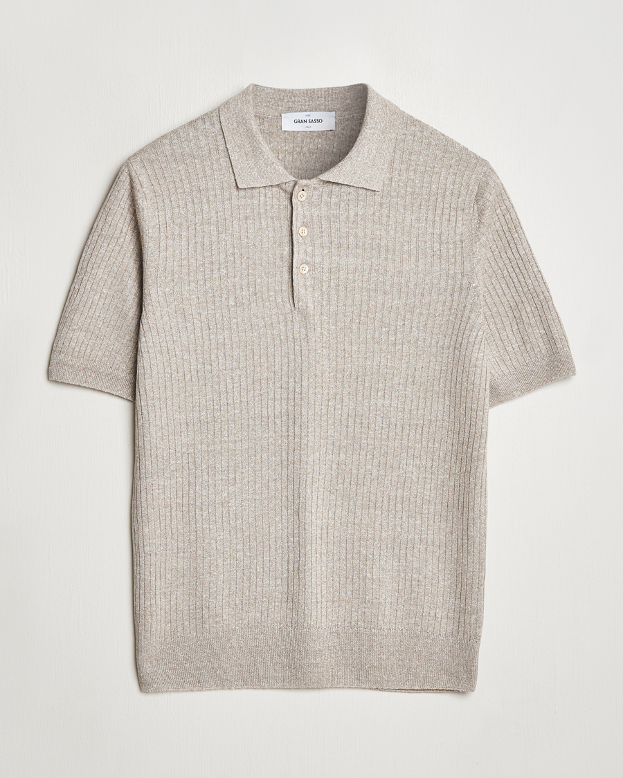 Mies | Pikeet | Gran Sasso | Linen/Cotton Structured Knitted Polo Beige Melange
