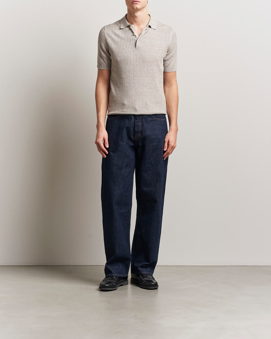 Mies | Pikeet | Gran Sasso | Linen/Cotton Structured Knitted Polo Beige Melange