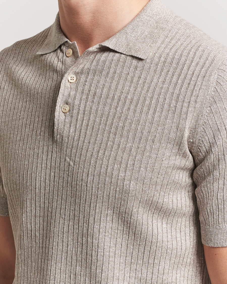 Mies | Pikeet | Gran Sasso | Linen/Cotton Structured Knitted Polo Beige Melange