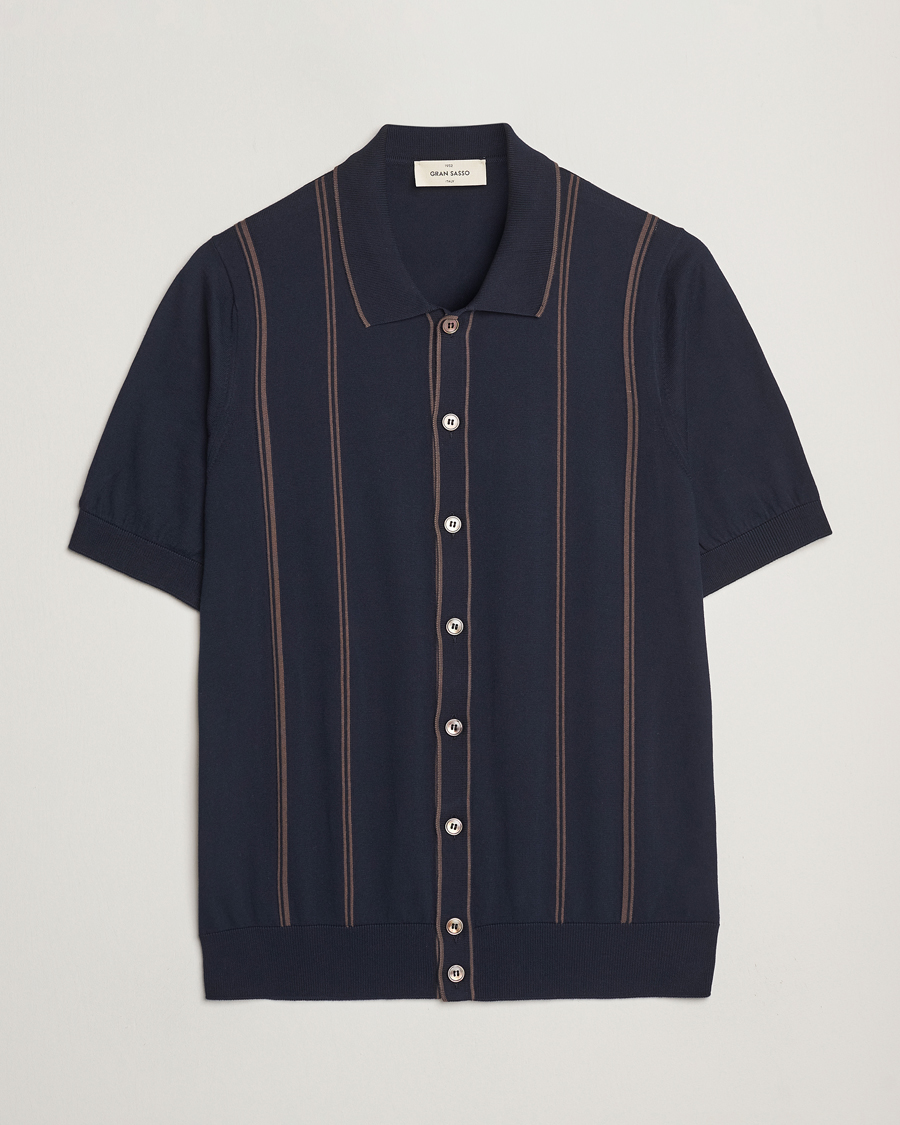 Mies | Kauluspaidat | Gran Sasso | Cotton Knitted Striped Short Sleeve Shirt Navy