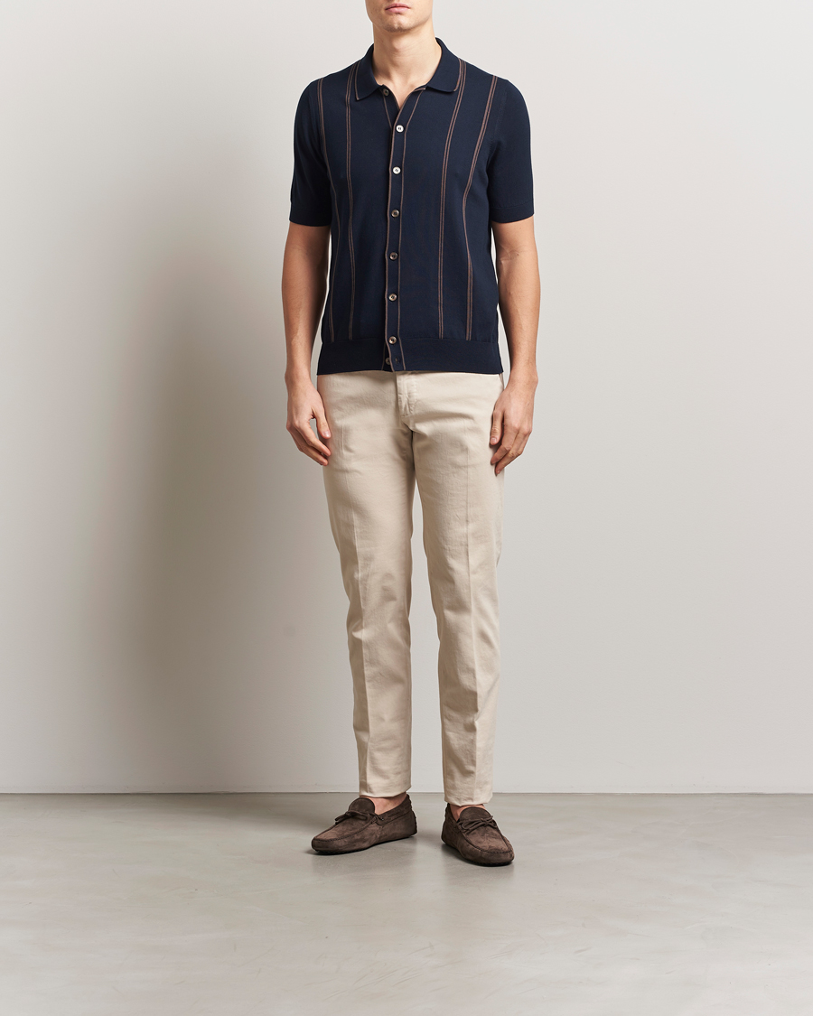 Mies | Kauluspaidat | Gran Sasso | Cotton Knitted Striped Short Sleeve Shirt Navy