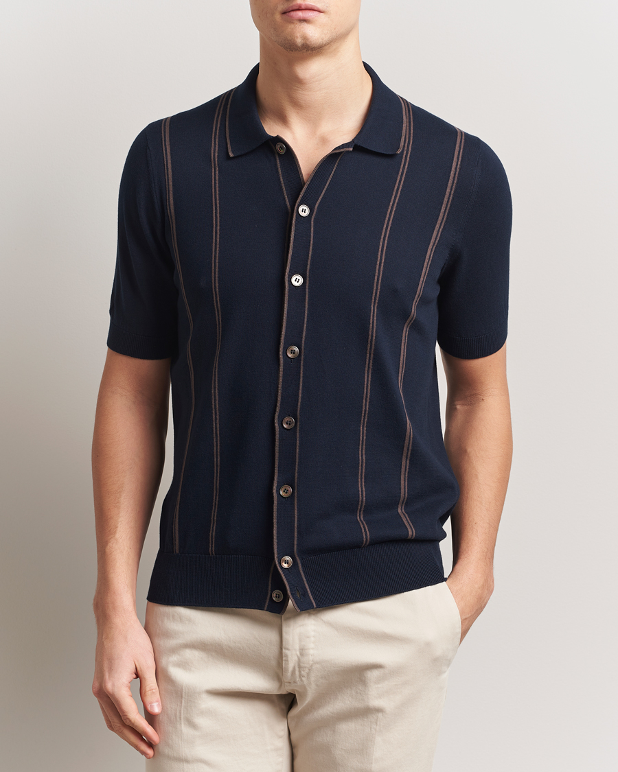 Mies | Kauluspaidat | Gran Sasso | Cotton Knitted Striped Short Sleeve Shirt Navy