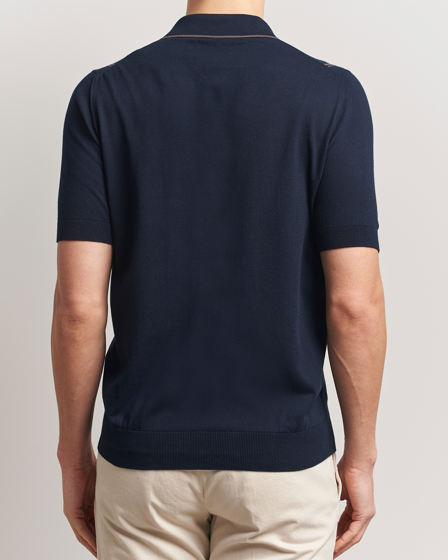 Mies | Kauluspaidat | Gran Sasso | Cotton Knitted Striped Short Sleeve Shirt Navy