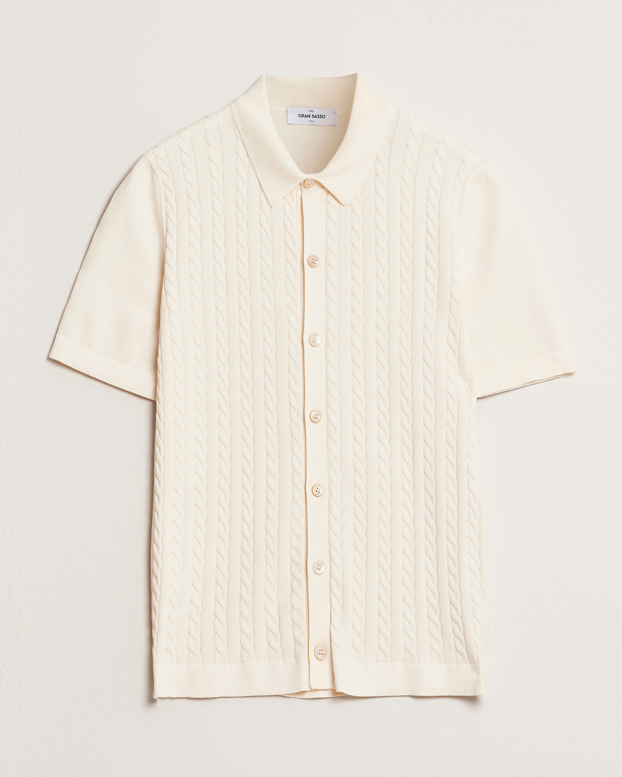 Mies | Kauluspaidat | Gran Sasso | Cotton Cable Knitted Short Sleeve Shirt Cream