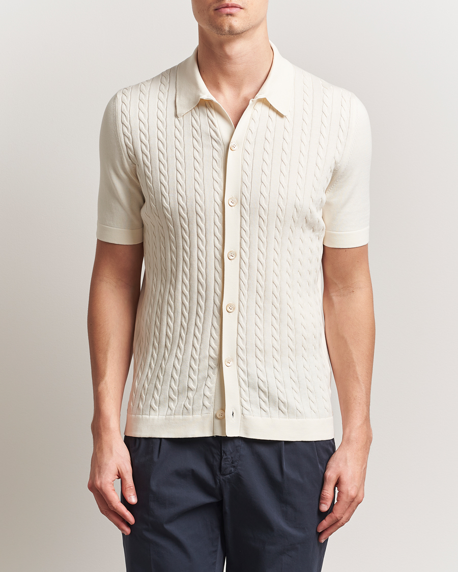 Mies | Kauluspaidat | Gran Sasso | Cotton Cable Knitted Short Sleeve Shirt Cream