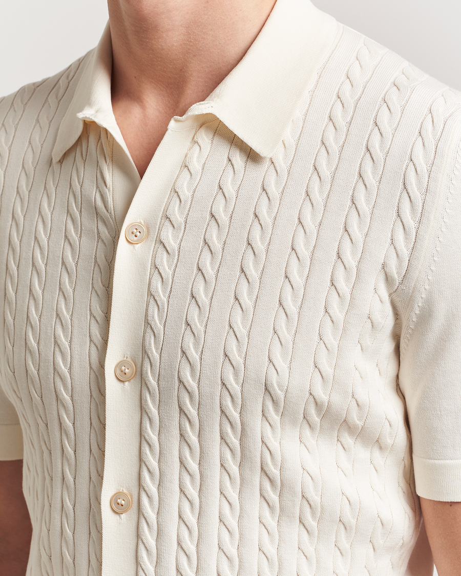 Mies | Kauluspaidat | Gran Sasso | Cotton Cable Knitted Short Sleeve Shirt Cream