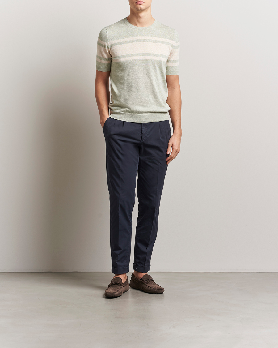 Mies | T-paidat | Gran Sasso | Linen/Cotton Striped Crew Neck T-Shirt Light Green