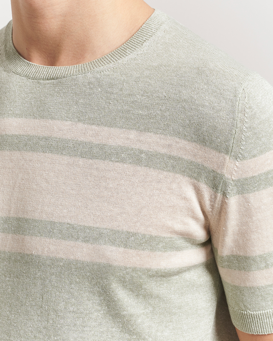 Mies | T-paidat | Gran Sasso | Linen/Cotton Striped Crew Neck T-Shirt Light Green