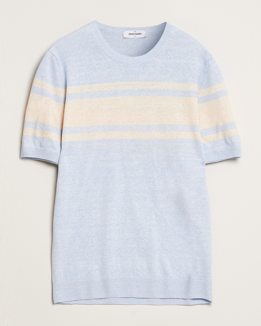 Mies | T-paidat | Gran Sasso | Linen/Cotton Striped Crew Neck T-Shirt Light Blue