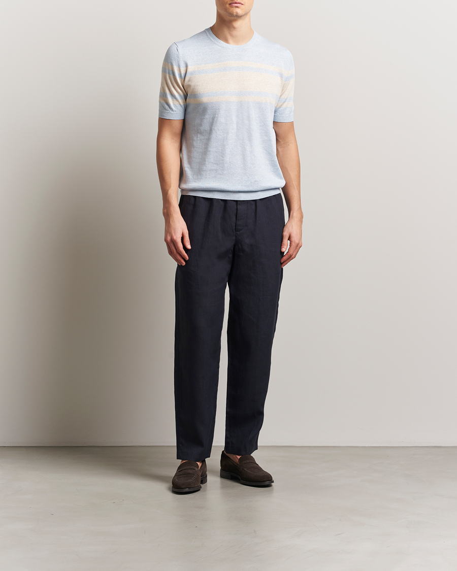 Mies | T-paidat | Gran Sasso | Linen/Cotton Striped Crew Neck T-Shirt Light Blue