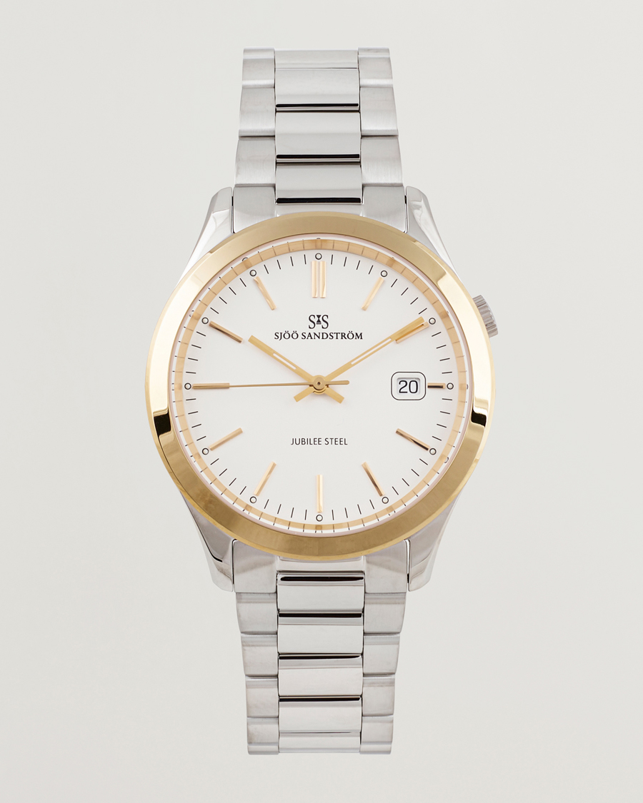 Mies | Sjöö Sandström Jubilee Steel Quartz 40mm Gold Bezel White/Steel | Sjöö Sandström | Jubilee Steel Quartz 40mm Gold Bezel White/Steel