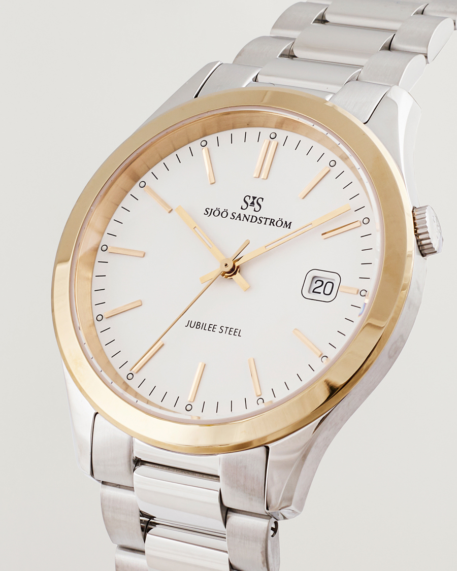 Mies | Sjöö Sandström Jubilee Steel Quartz 40mm Gold Bezel White/Steel | Sjöö Sandström | Jubilee Steel Quartz 40mm Gold Bezel White/Steel