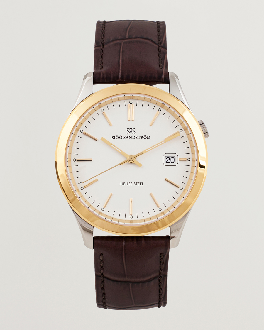 Mies | Sjöö Sandström Jubilee Steel Quartz 40mm Gold Bezel White/Brown Calf | Sjöö Sandström | Jubilee Steel Quartz 40mm Gold Bezel White/Brown Calf